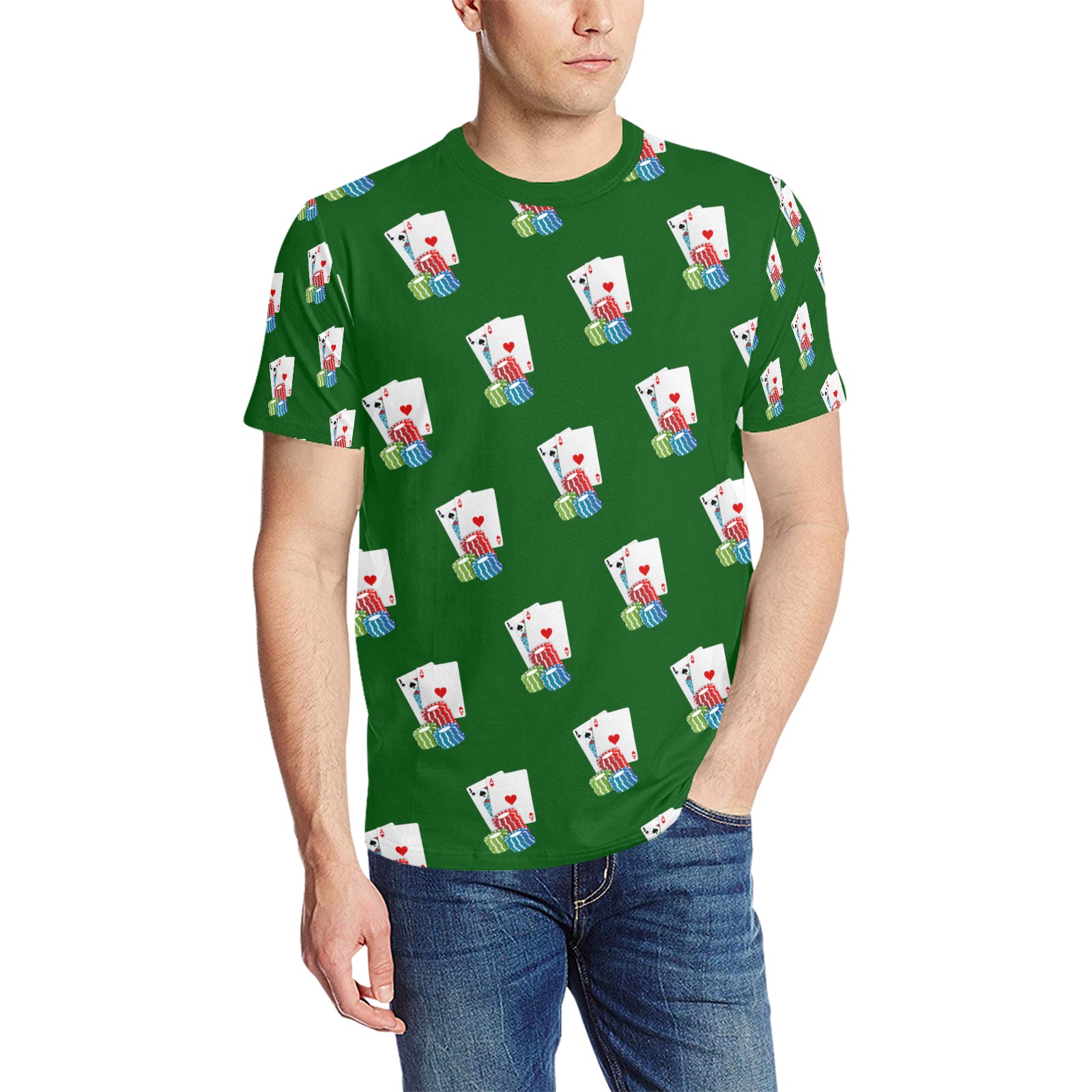 Las Vegas Blackjack / Green Men's All Over Print T-Shirt (Solid Color Neck) (Model T63)