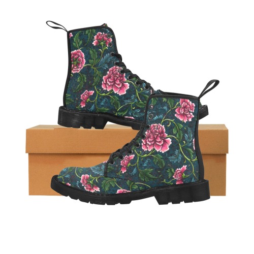 chinoiserie floral pattern Martin Boots for Women (Black) (Model 1203H)