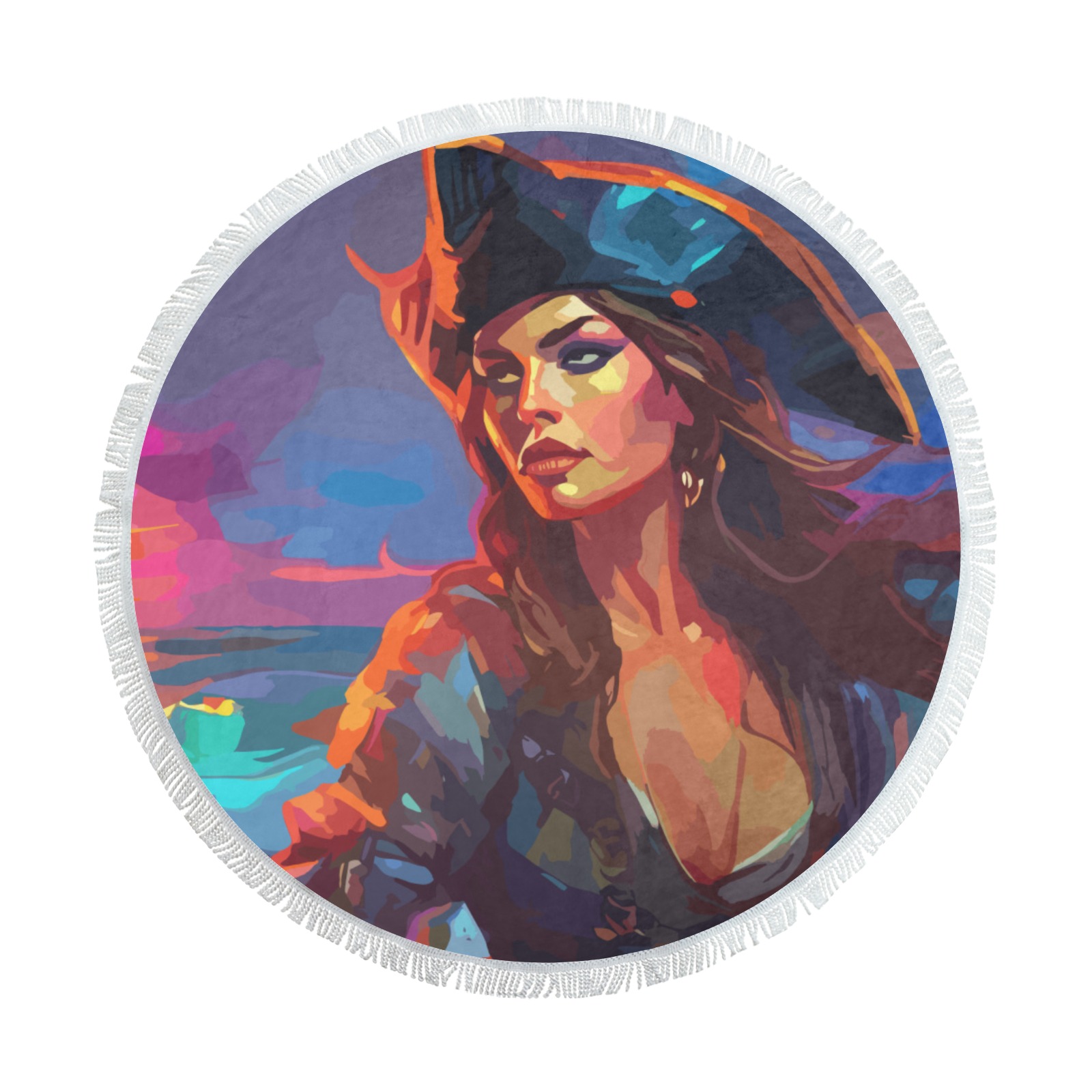 Cute pirate woman, tall ship, purple ocean sunset. Circular Beach Shawl Towel 59"x 59"