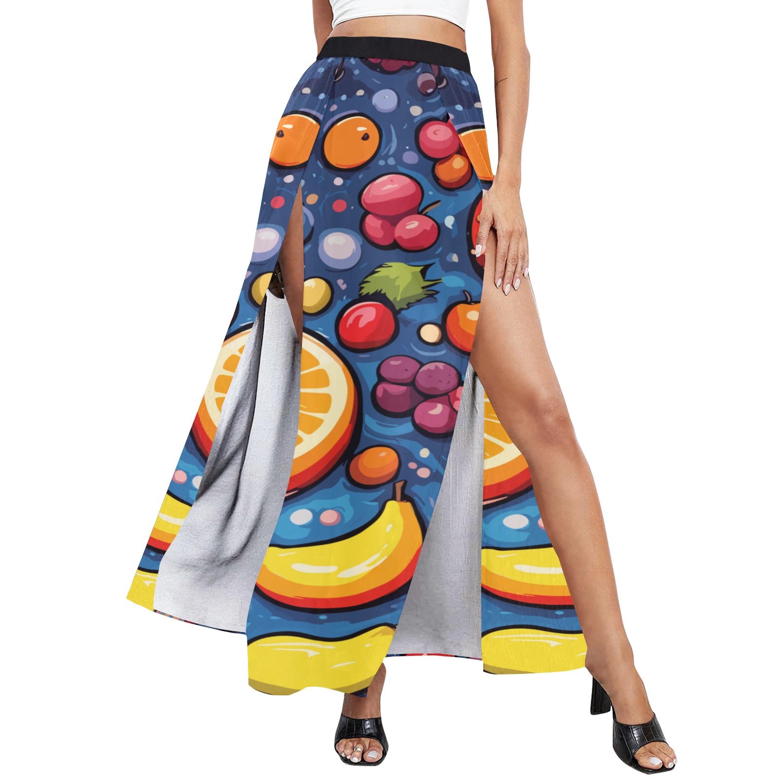 Charming fruits and berries on blue fantasy art. High Slit Long Beach Dress (Model S40)