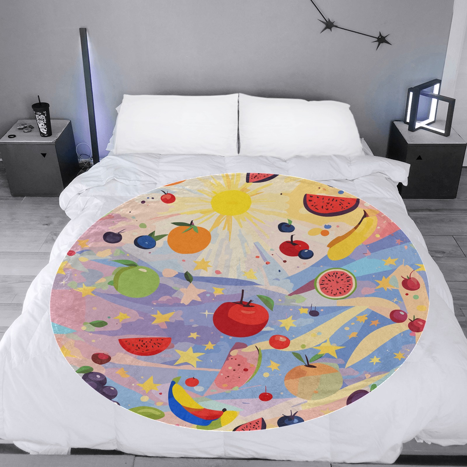 Colorful fruits, shining sun, stars. Positive art. Circular Ultra-Soft Micro Fleece Blanket 60"