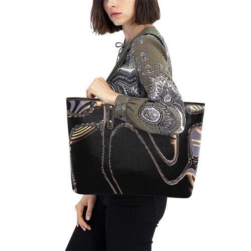 Elegant Black Fractal Chic Leather Tote Bag (Model 1709)