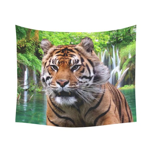 Tiger and Waterfall Cotton Linen Wall Tapestry 60"x 51"