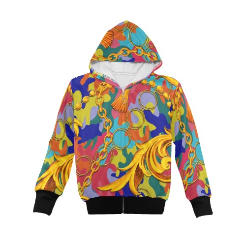 Colorful Camo, Exclusive Collectable Fly Big Girls' Zip Up Hoodie (Model H58)