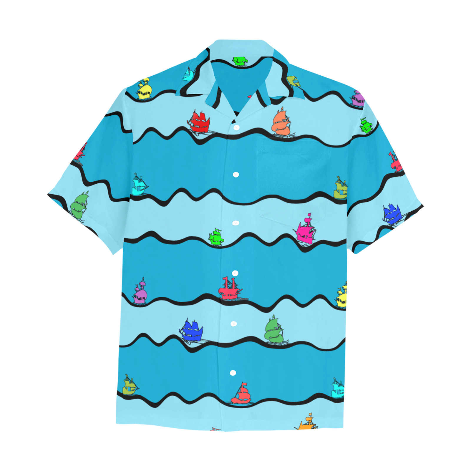 Colorful Sailboats Hawaiian Shirt with Chest Pocket&Merged Design (T58)