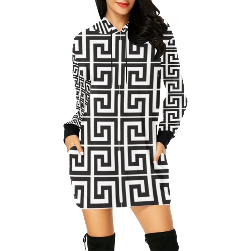 Black&White All Over Print Hoodie Mini Dress (Model H27)