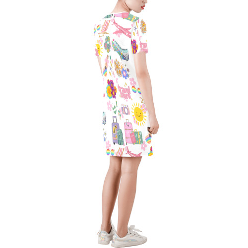 Hippie Summer Holiday Travel Vacation Artwork Design Short-Sleeve Round Neck A-Line Dress (Model D47)