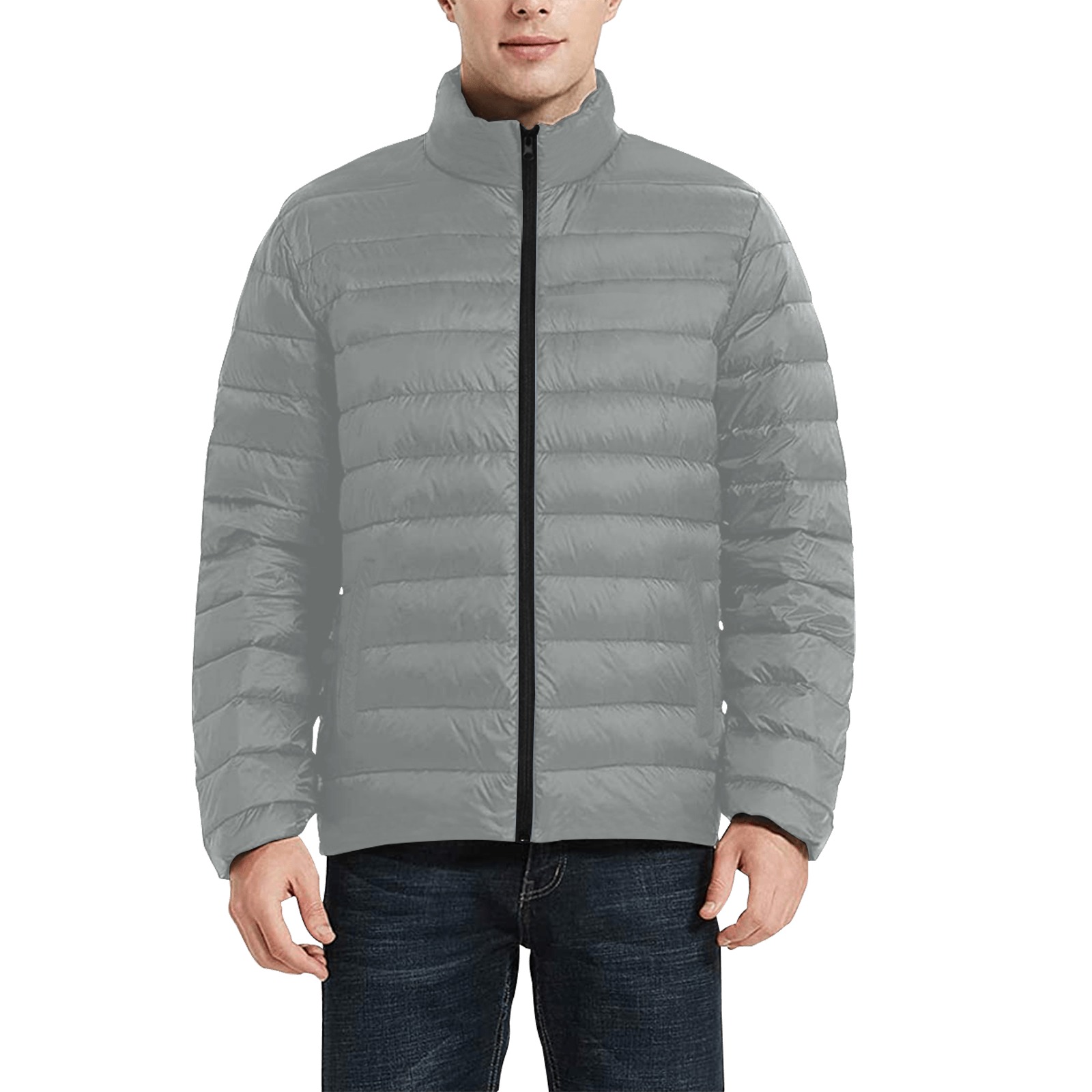 gray Puffy jacket Men's Stand Collar Padded Jacket (Model H41)