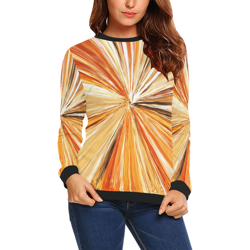 Abstract radial background with shiny beams in orange,yellow,white,black colors_544080397.jpg All Over Print Crewneck Sweatshirt for Women (Model H18)