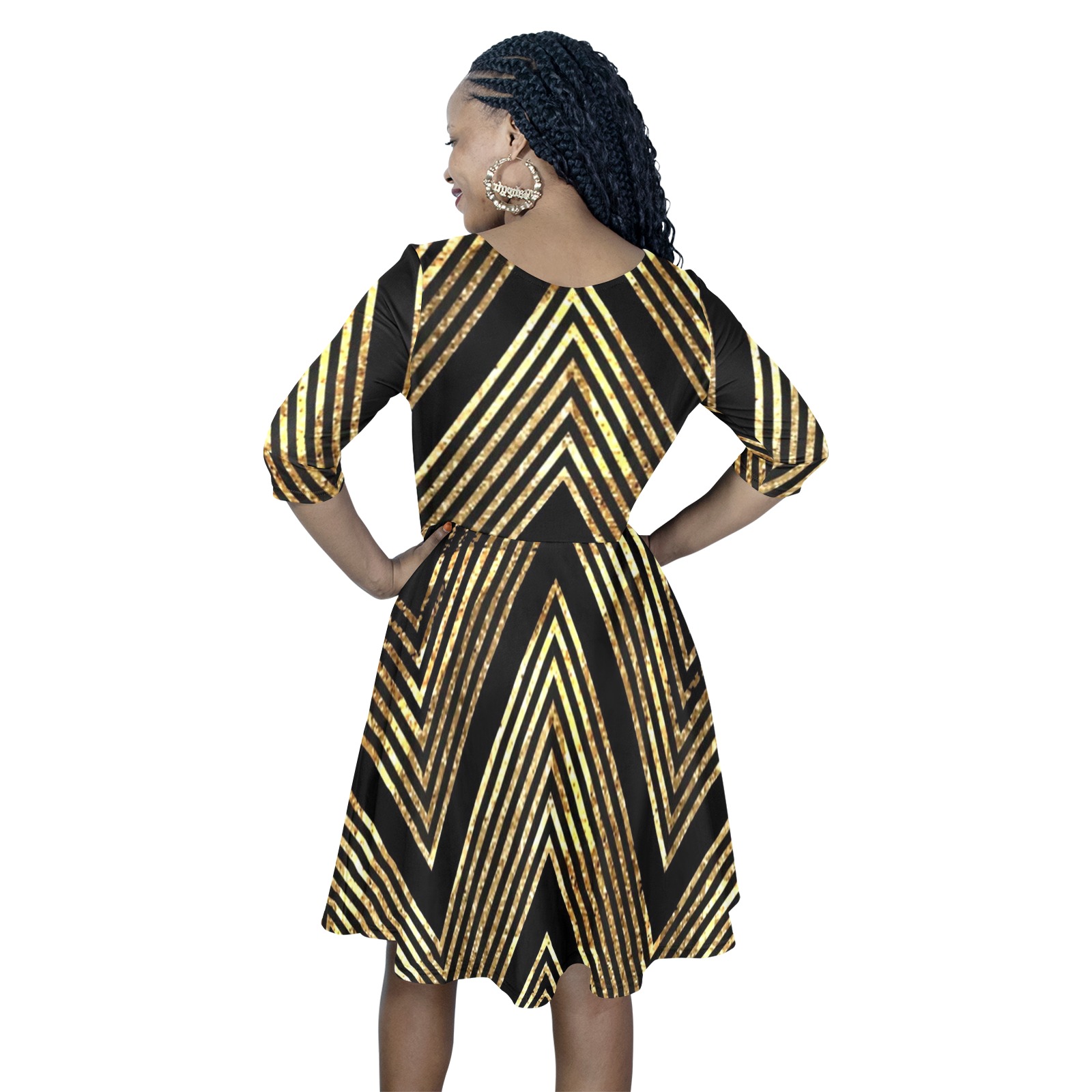 Gold-Zigzag-Stripes-Pattern Half Sleeve Skater Dress (Model D61)