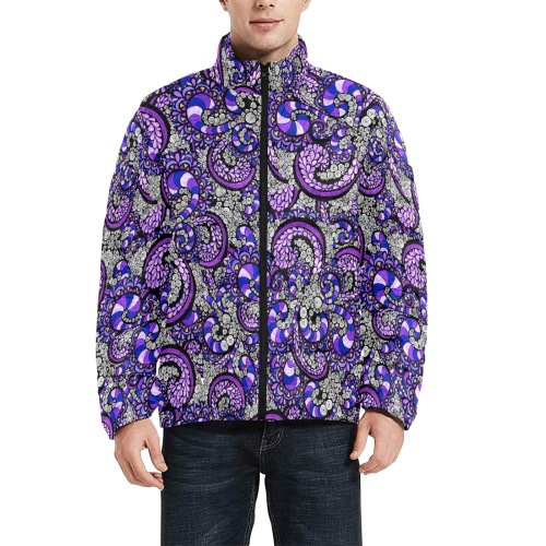 Purple Pulse - Large Pattern Men's Stand Collar Padded Jacket (Model H41)