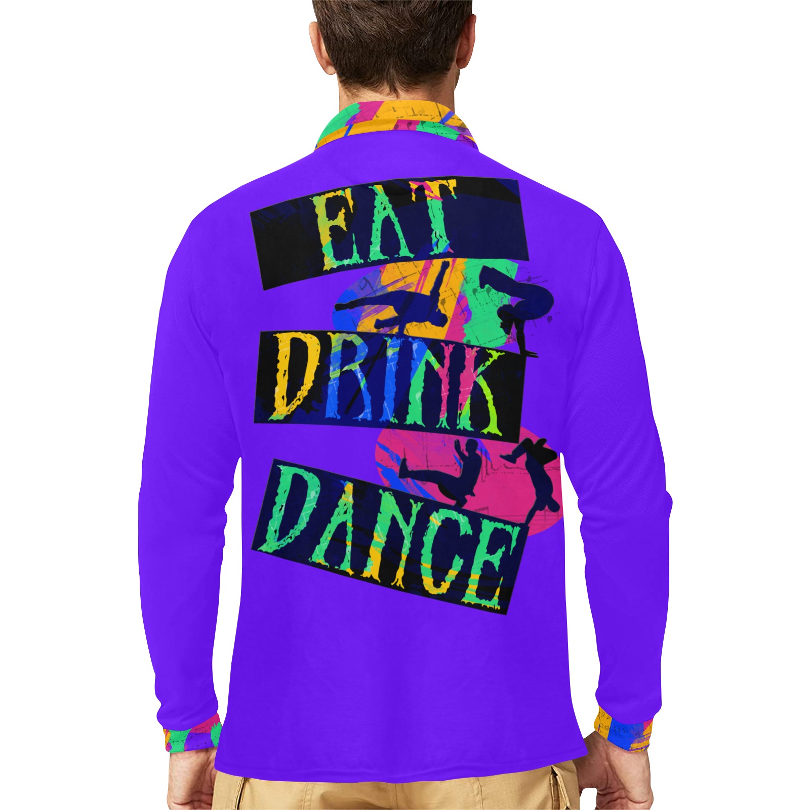 Eat Drink Dance Breakdancing Purple Men's Long Sleeve Polo Shirt (Model T73)