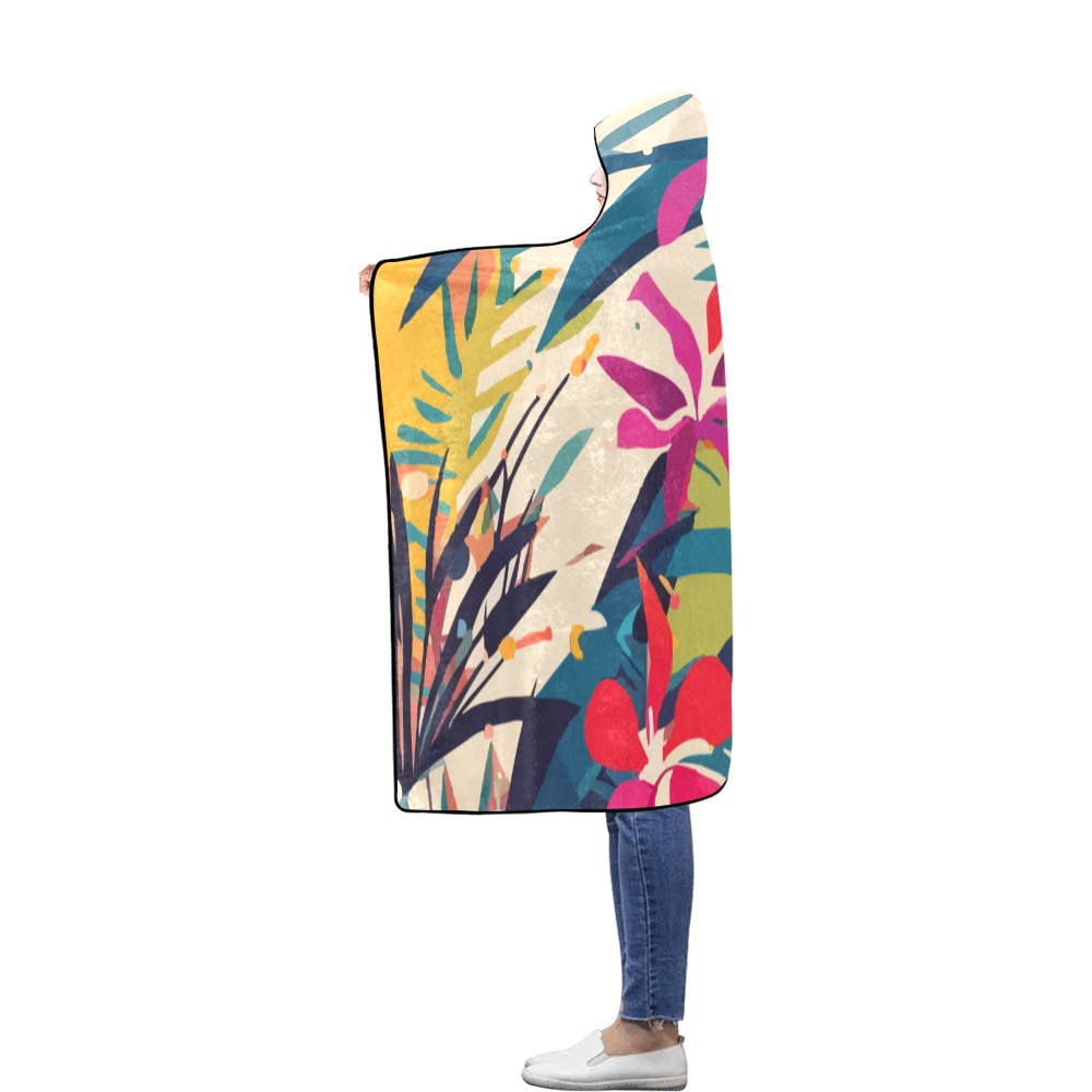 Glamour boho art of tropical flowers and plants. Flannel Hooded Blanket 56''x80''