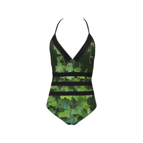 Vines, climbing plant on dark green watercolor Lace Band Embossing Swimsuit (Model S15)