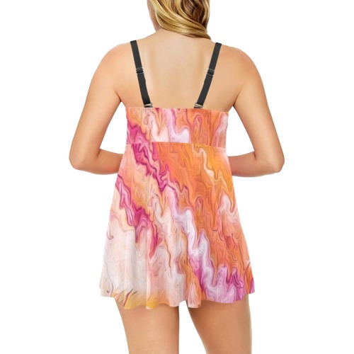 Orange Pink and White Swirl Chest Pleat Swim Dress (Model S31)