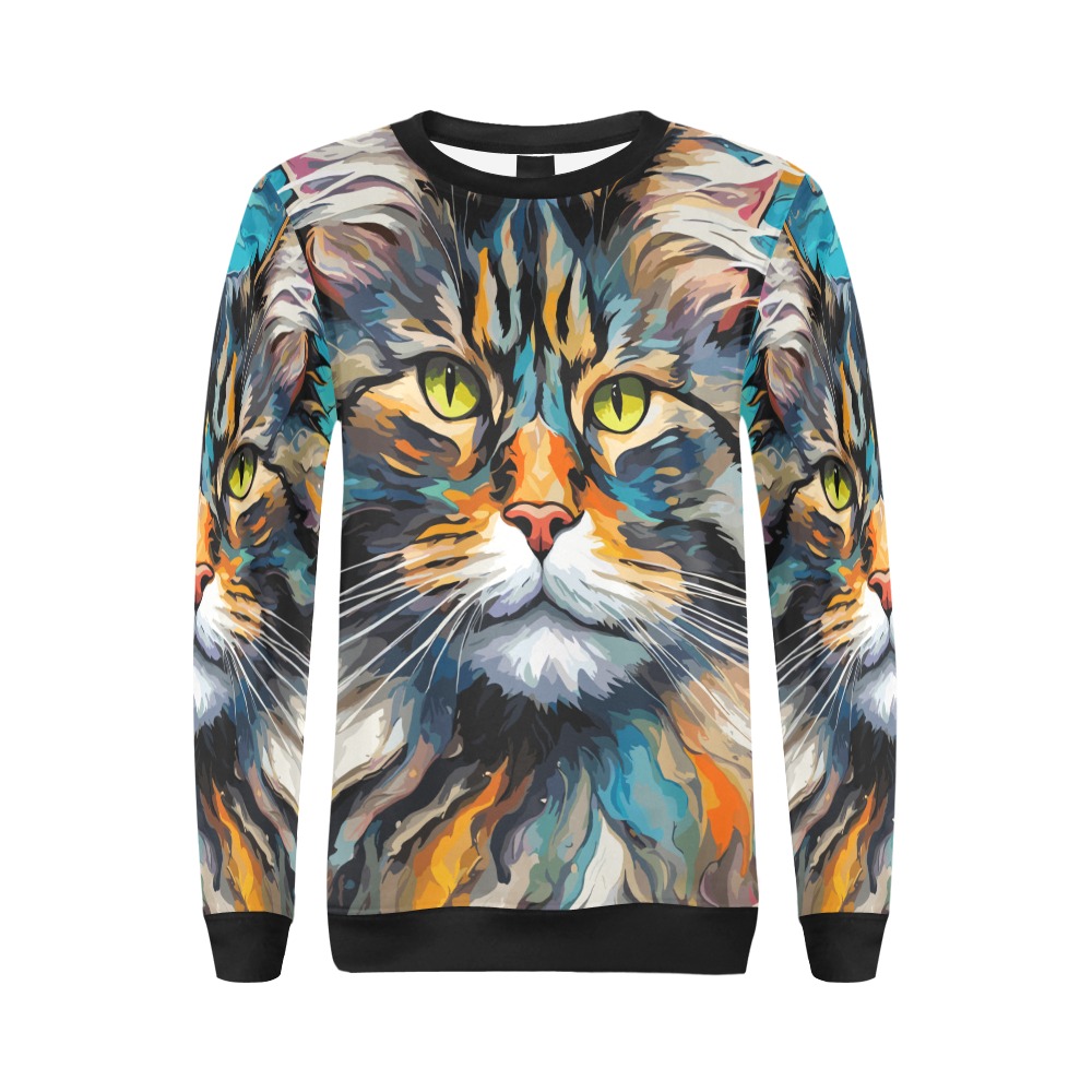 Cute maine coon cat face art, bluish background. All Over Print Crewneck Sweatshirt for Women (Model H18)