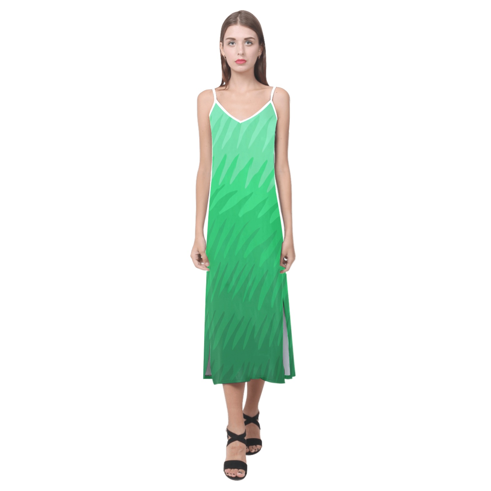 green wavespike V-Neck Open Fork Long Dress(Model D18)