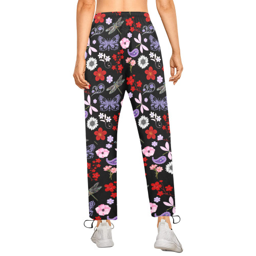 Black, Red, Pink, Purple, Dragonflies, Butterfly and Flowers Design Women's Quick Dry Cargo Sweatpants (Model L65)
