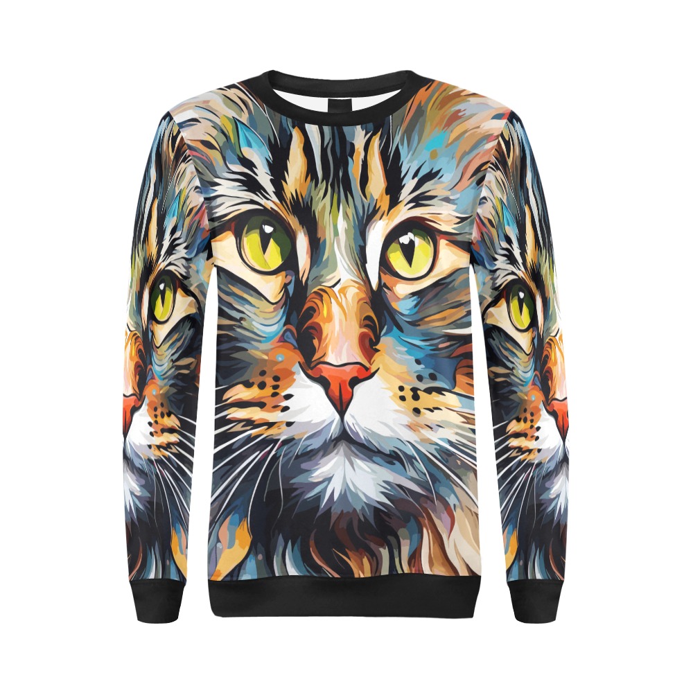 Norwegian forest cat face colorful art. All Over Print Crewneck Sweatshirt for Women (Model H18)