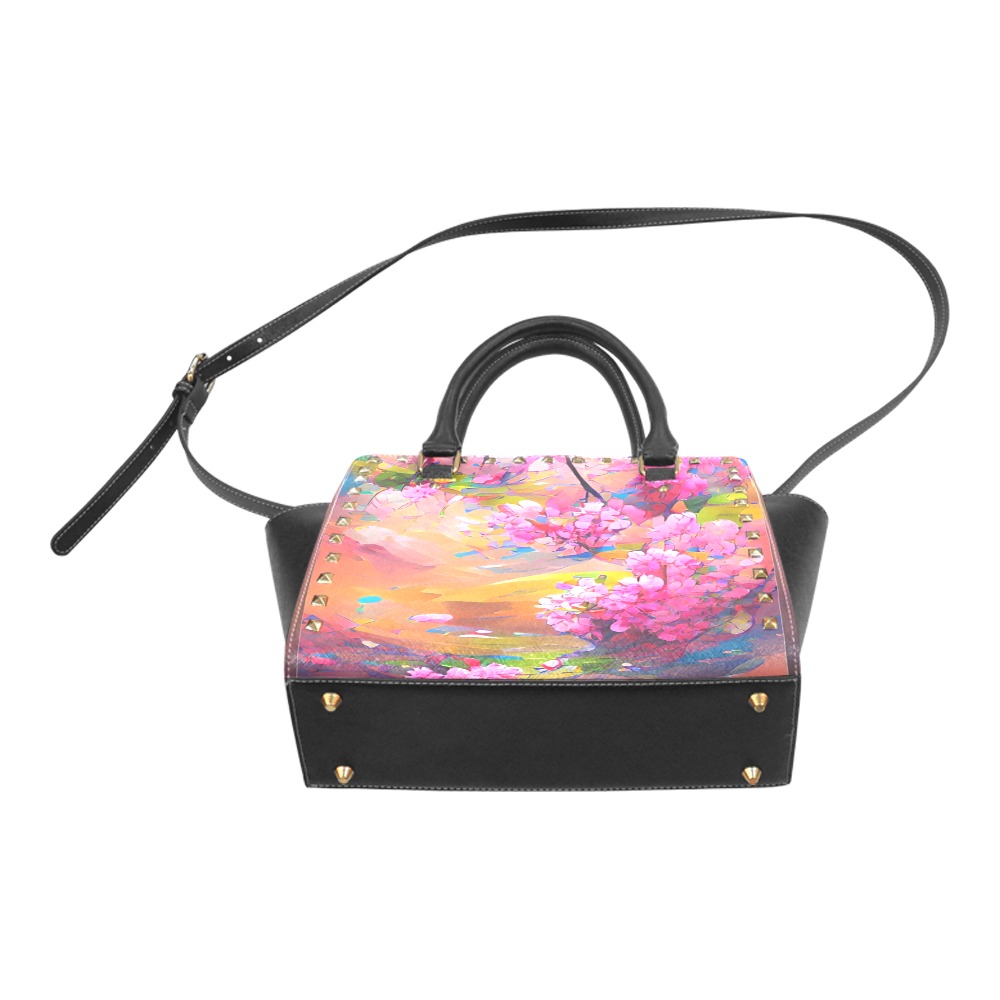 Spring_Blossom_TradingCard Rivet Shoulder Handbag (Model 1645)