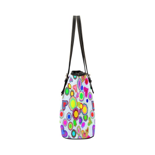 Groovy Hearts and Flowers Blue Leather Tote Bag/Large (Model 1651)
