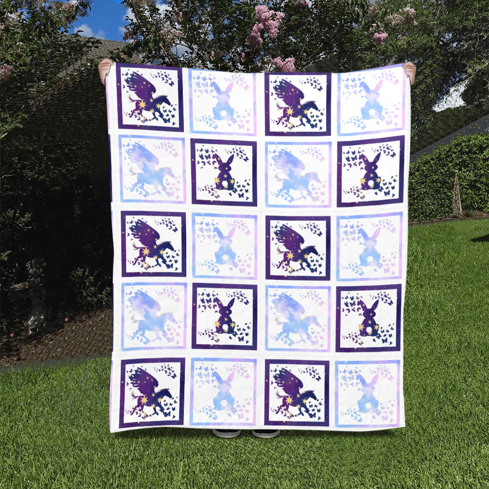 Bunny and Pegasus Together in Blue Patchwork Design Quilt 50"x60"