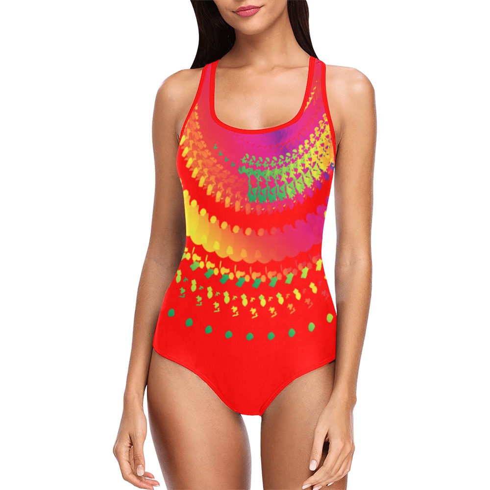 Ô Party Time Wheel on Red Vest One Piece Swimsuit (Model S04)