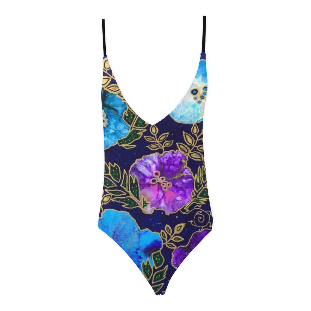 Dark Blue Floral Sexy Lacing Backless One-Piece Swimsuit (Model S10)