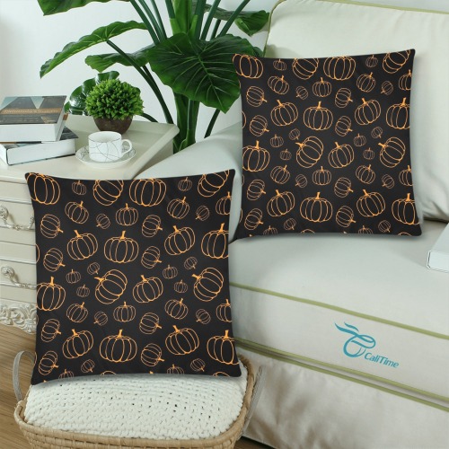 Black with Orange Outline Pumpkins Custom Zippered Pillow Cases 18"x 18" (Twin Sides) (Set of 2)