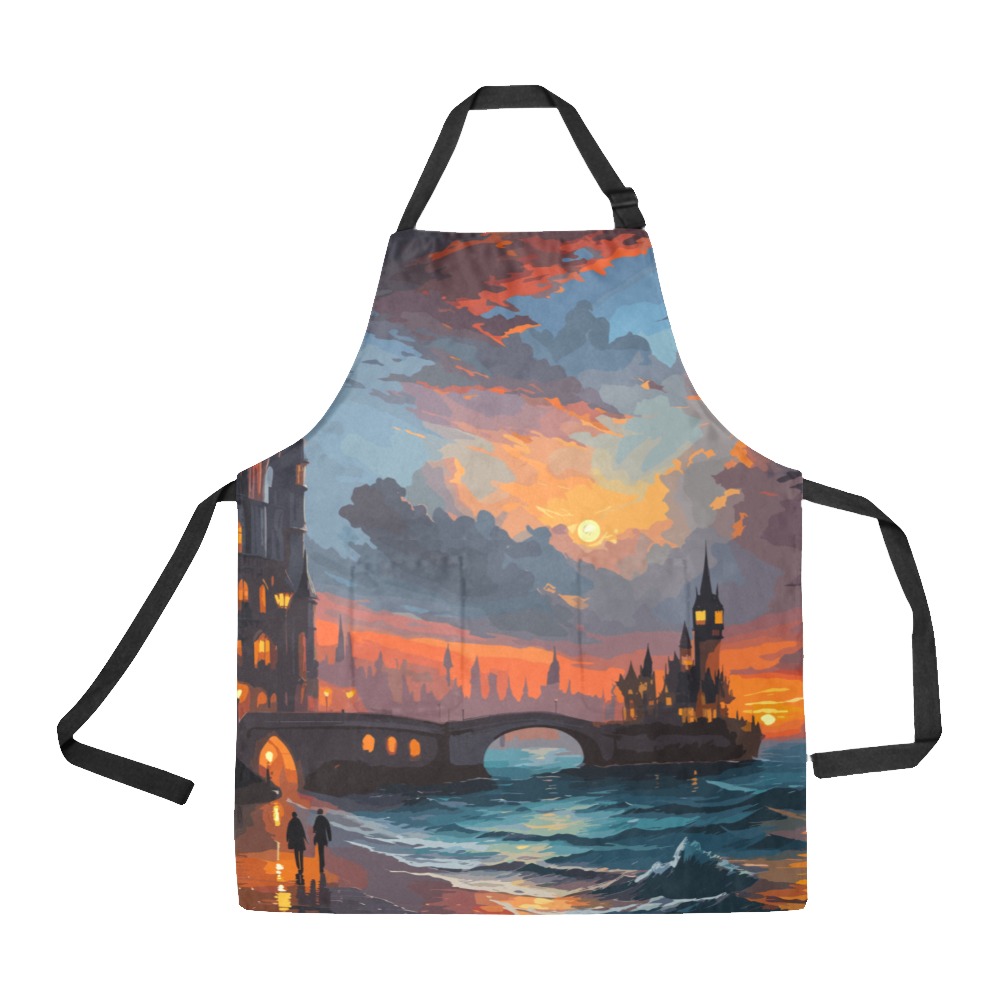 Stunning fantasy city, ocean waves, two suns. All Over Print Apron
