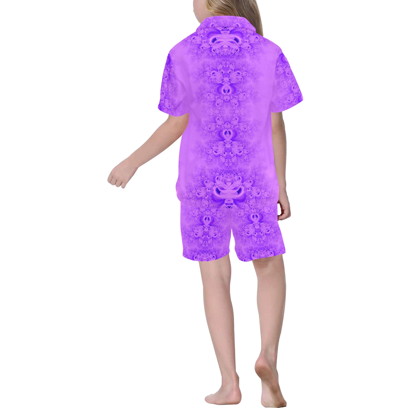 Purple Lilacs Frost Fractal Big Girls' V-Neck Short Pajama Set