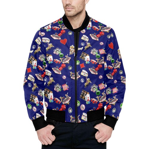 Famous Las Vegas Icons Blue All Over Print Quilted Bomber Jacket for Men (Model H33)