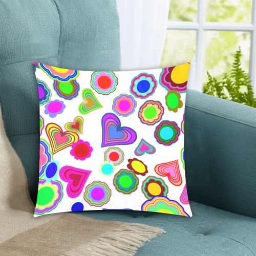 Groovy Hearts and Flowers White Custom Zippered Pillow Cases 16"x16" (Two Sides)