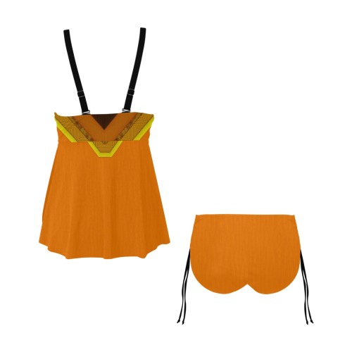 Ethnic Orange, Brown, Rust and Yellow Chest Drawstring Swim Dress (Model S30)