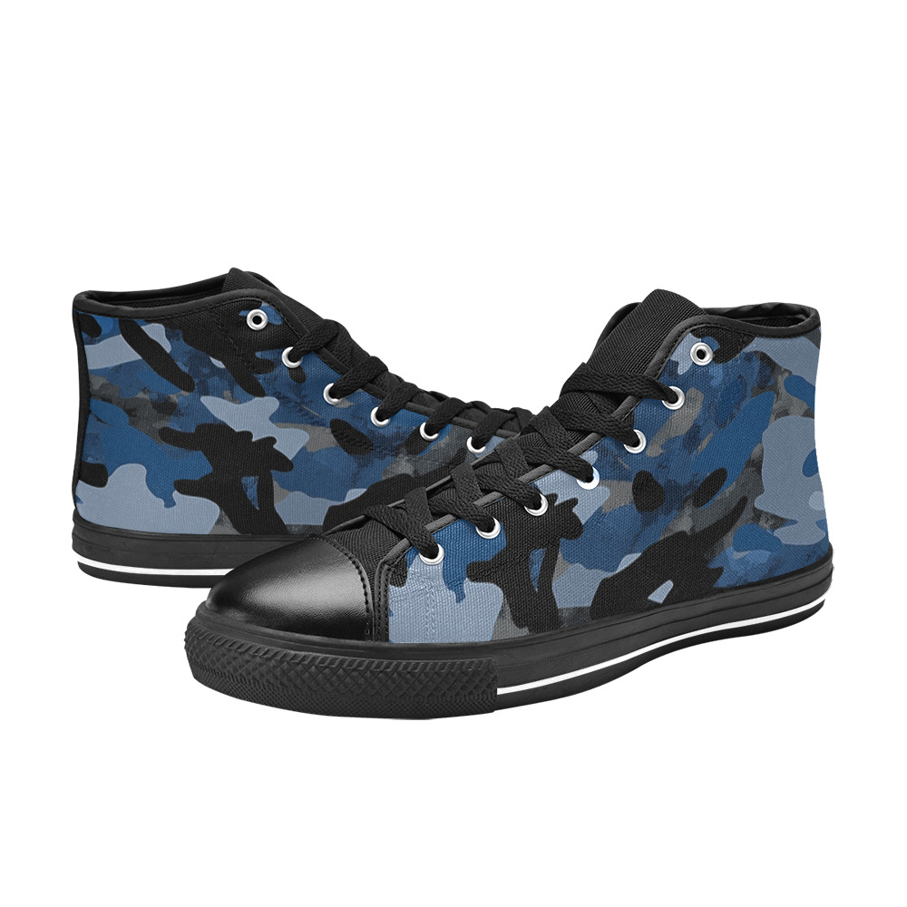blue camo on black High Top Canvas Shoes for Kid (Model 017)