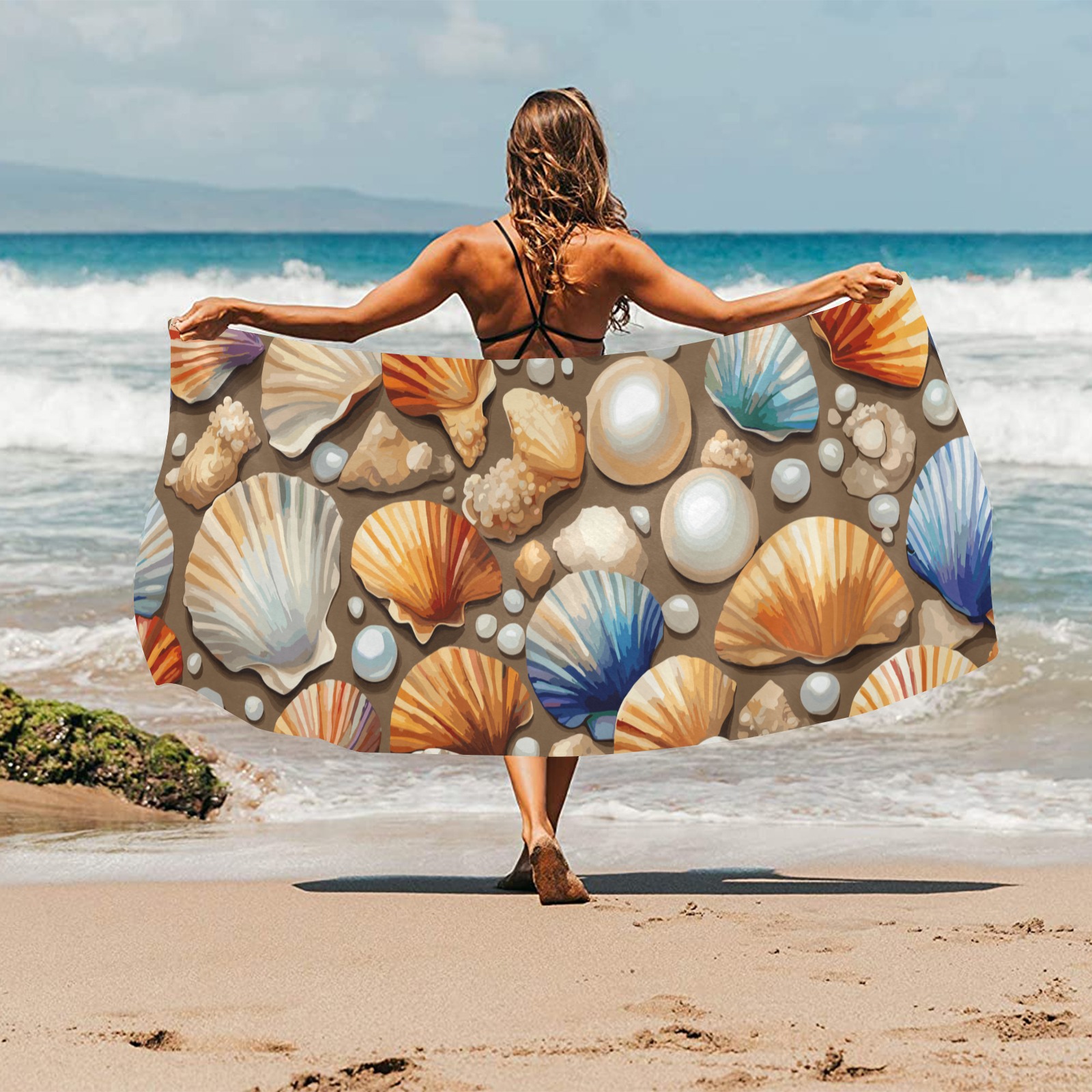 A mix of pearls, shells on the sand colorful art. Beach Towel 32"x 71"