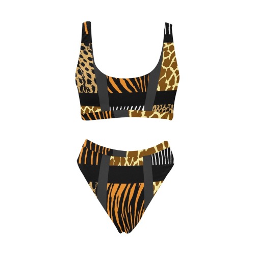 Mixed Animal Print Sport Top & High-Waisted Bikini Swimsuit (Model S07)