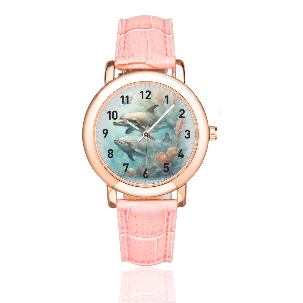Dolphin Fantasy 6 Women's Rose Gold Leather Strap Watch(Model 201)