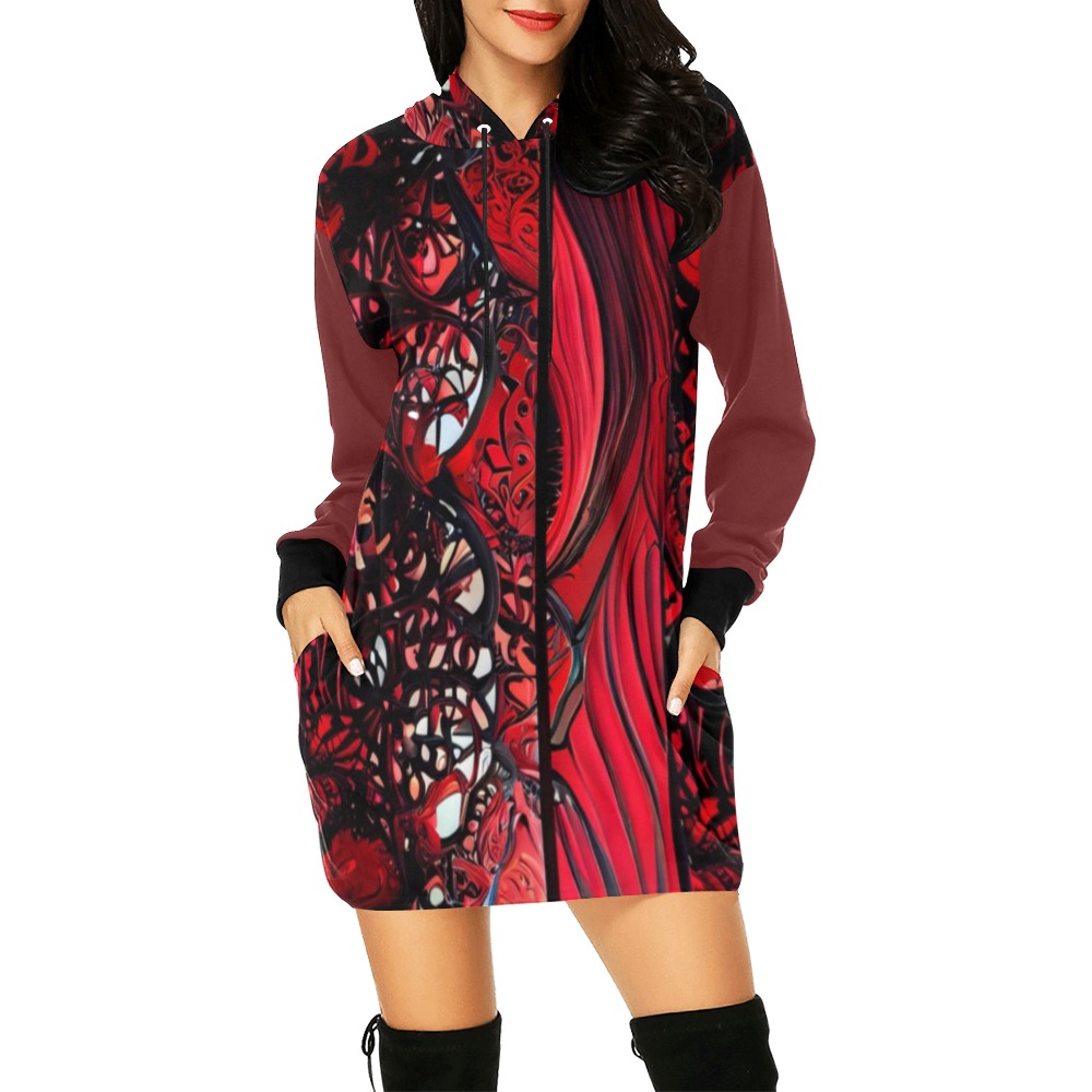 red and black intricate pattern 1 All Over Print Hoodie Mini Dress (Model H27)