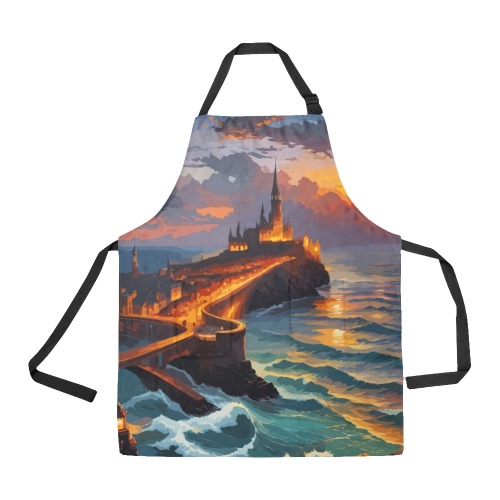 Dark fantasy city by the ocean at sunset cool art. All Over Print Apron