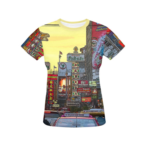 Chinatown in Bangkok Thailand - Altered Photo Women's All Over Print Crew Neck T-Shirt (Model T40-2)