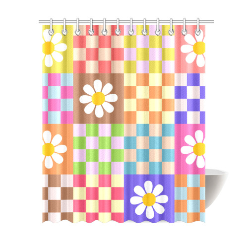 Mid Century Geometric Checkered Retro Floral Daisy Flower Pattern Shower Curtain 69"x84"