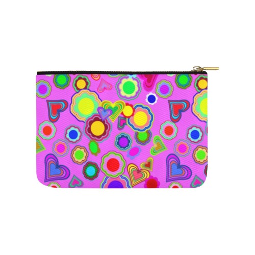 Groovy Hearts and Flowers Pink Carry-All Pouch 9.5''x6''