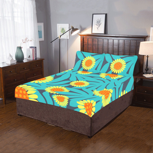 Yellow and Teal Paradise Jungle Flowers and Leaves 3-Piece Bedding Set