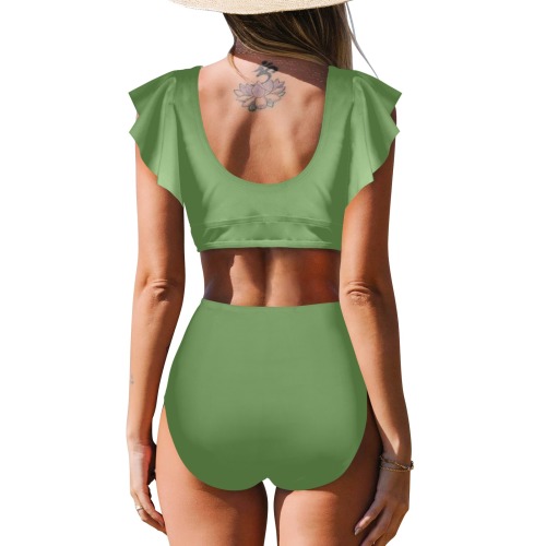 Sun Woman's Swimwear Two Piece Green Women's Ruffle Sleeve Bikini Swimsuit (Model S42)