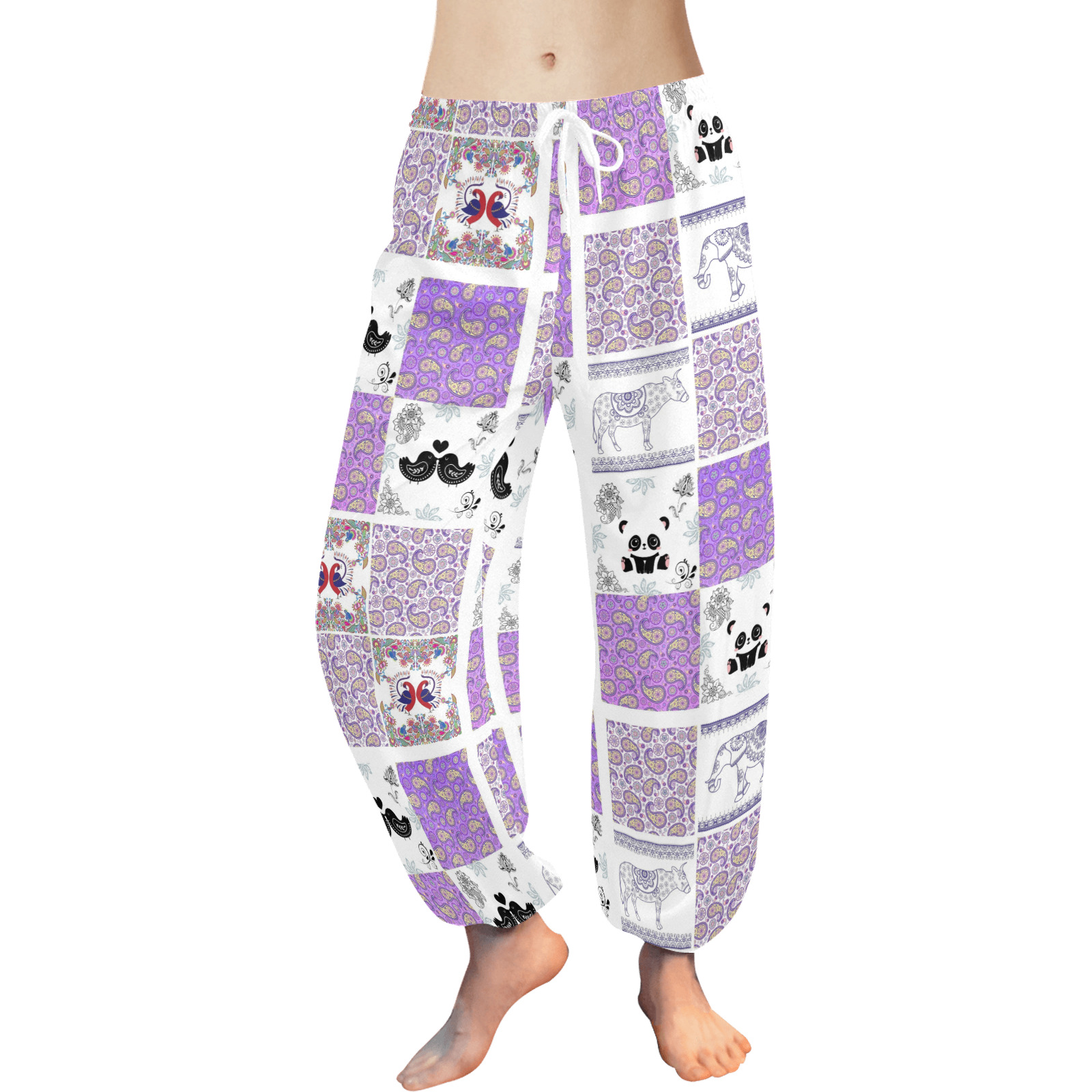 Purple Paisley Birds and Animals Patchwork Design Women's All Over Print Harem Pants (Model L18)
