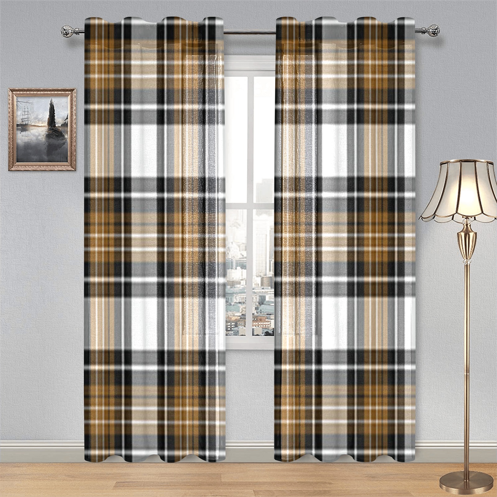 Brown Black Plaid Gauze Curtain 28"x84" (Two-Piece)