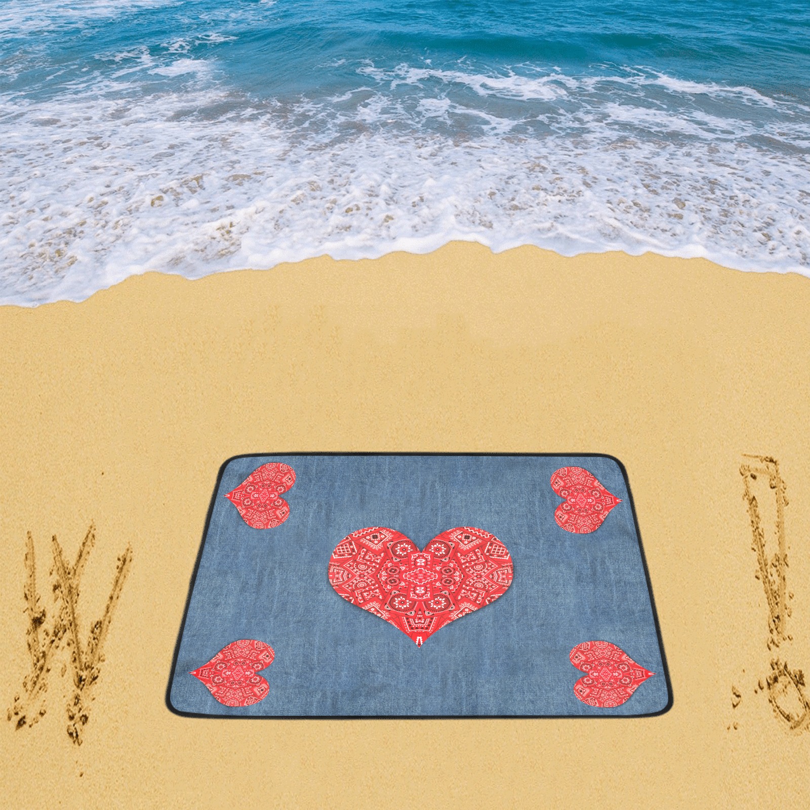 Bandana Hearts on Denim Look Beach Mat 78"x 60"