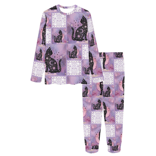 Purple Cosmic Cats Patchwork Pattern Women's All Over Print Pajama Set