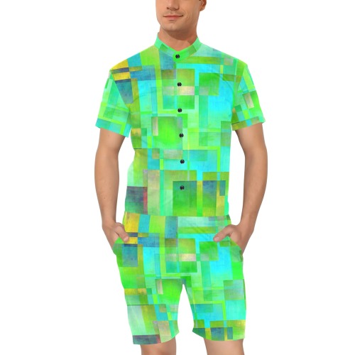 cubes green Men's Short Sleeve Jumpsuit